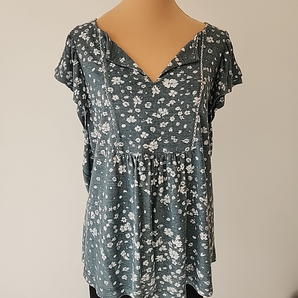 Lane Bryant Babydoll Flutter Sleeve V Neck Floral 14 16 Blouse Casual Boho Green